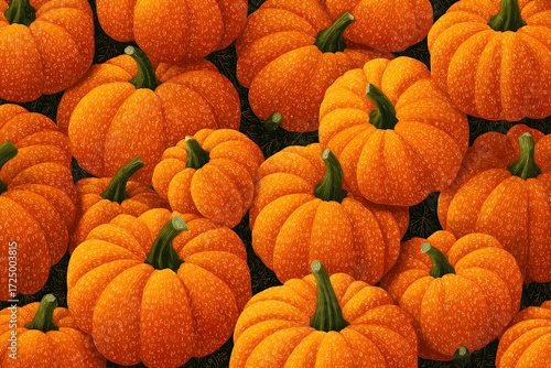A dense arrangement of vibrant orange pumpkins with prominent green stems forming a seamless pattern