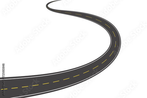 Black curved asphalt road texture background. Asphalt road surface has yellow and white lines indicating different lanes. Highway or race track background has tar or asphalt texture.