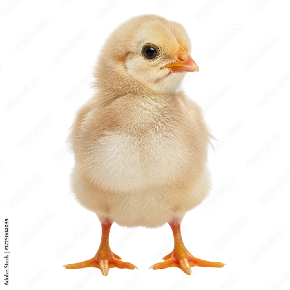 Fototapeta premium Adorable fluffy yellow chick standing on white background