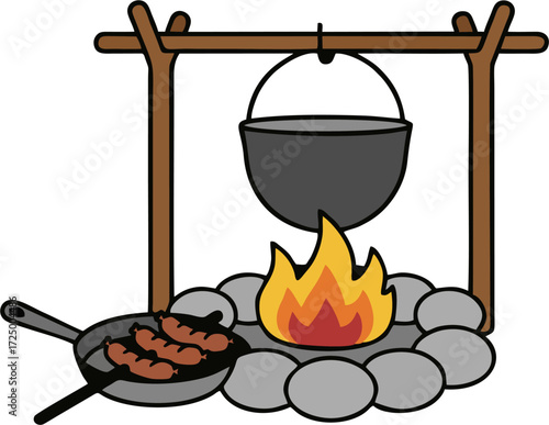 Minimalist Campfire Cooking Vector – Cartoon Kettle, Sausage Skewer, and Frying Pan Over