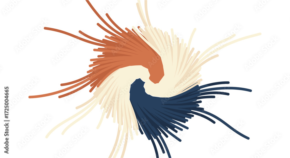 Obraz premium Abstract Tri-Color Radial Swirl Design with Burnt Sienna, Cream and Navy Strands on White Background - Modern, Artistic, and Elegant Illustration