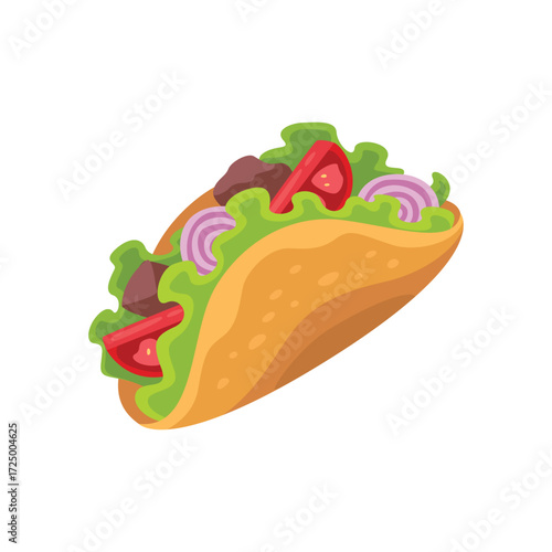 Taco with meat lettuce tomatoes and onions