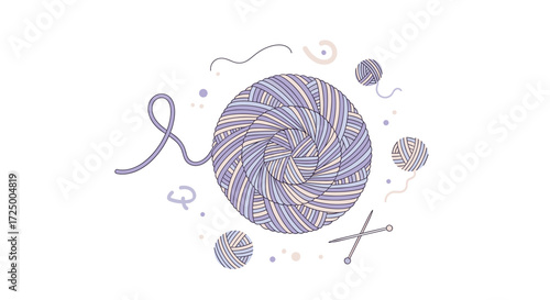 Pastel Knitting Concept: Ball of Yarn, Needles, and Smaller Balls Illustration in Soft Colors for Craft, Art, or Textile Designs
