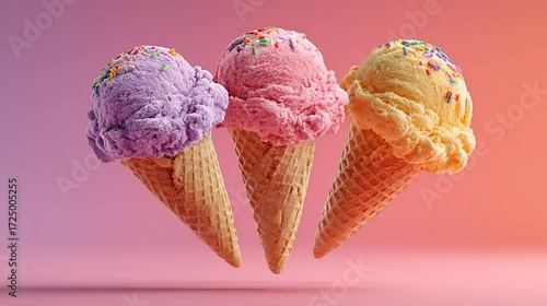 Three-color Ice Cream Cones on Pink Background, Summer Dessert Decor Element