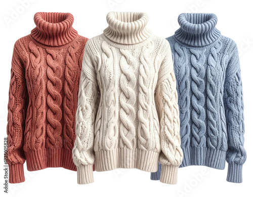 Three cable-knit turtleneck sweaters in terracotta, cream, and light blue