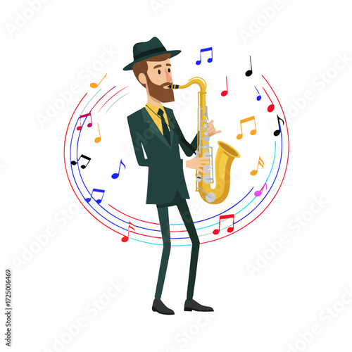 A bearded man, a street musician, wearing a hat, plays the saxophone surrounded by colorful notes. Cartoon style. Isolated on transparent background.