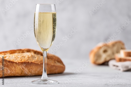 Champagne flute with rustic baguette, symbolizing effervescent French joie de vivre, perfect for Bastille Day or Beaujolais Nouveau