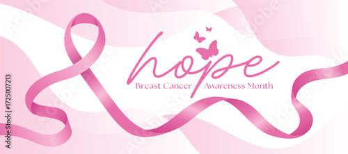 Breast cancer awareness month - hope text and long pink ribbon awareness roll waving on abstract curve soft pink background vector design