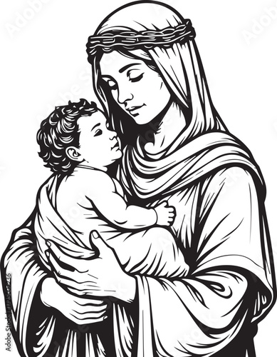 Mother and Child: A touching portrayal of maternal love and spiritual tenderness, featuring a mother tenderly cradling her child, representing the purest form of love and compassion.