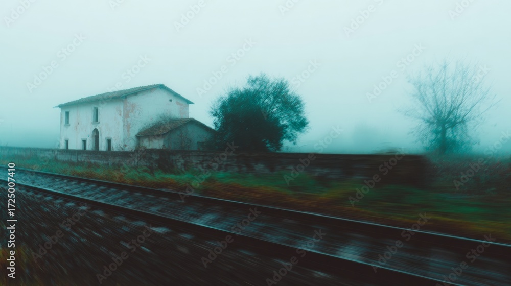 Obraz premium Enshrouded in spectral mist, the lone cottage whispers tales of bygone travels, aligned with Ghost Festival and Imbolc