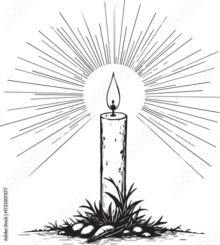 Candle of Inspiration: A candle, emanating rays of light against a grassy knoll background. This piece captures the essence of serenity and spiritual reflection.