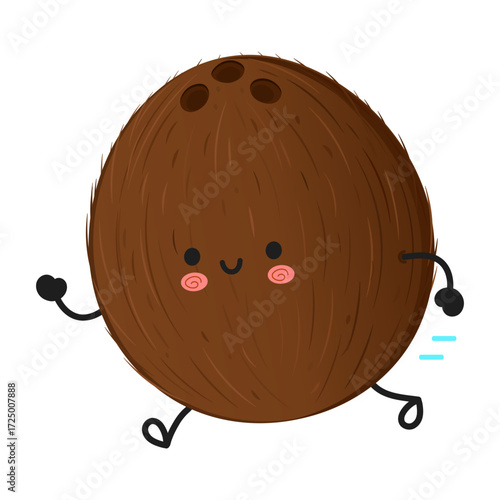 Coconut character running smiling happily kawaii style