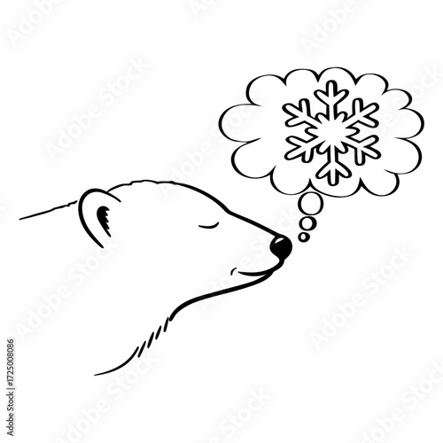 Minimalistic black and white drawing of a polar bear with a cloud of snowflakes hovering over its head. Winter is just around the corner.