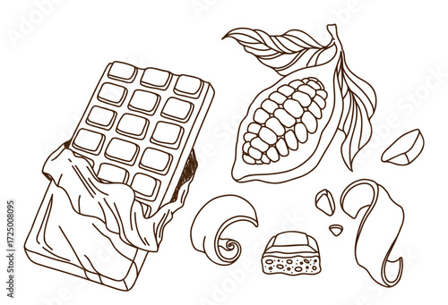 Chocolate doodles set vector illustration. Hand drawn sketch chocolate bar wrapped in foil, cocoa beans, leaves, raw chocolate chunks, wedges of dessert chocolate. Cocoa tree elements. Organic product
