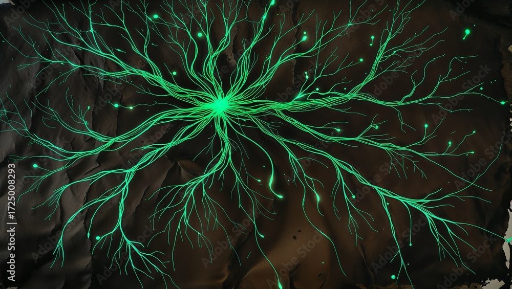 Fototapeta premium Luminescent green network radiating from a central point on dark textured background