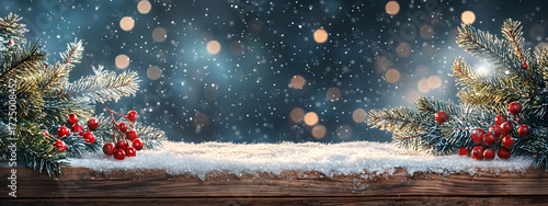A snow-covered wooden floor with fir branches and snowflakes against a winter night sky – a minimalist, festive backdrop for banners, cards, and advertising layouts with copy space