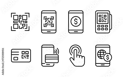 Digital payment and QR code icons set. Mobile banking, online transaction, contactless card, fintech. Outline vector illustrations