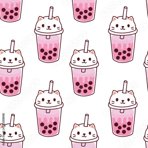 Seamless pattern of pink bubble tea drinks in kawaii cat cups with straws. Playful sweet beverage design for decoration and textile.