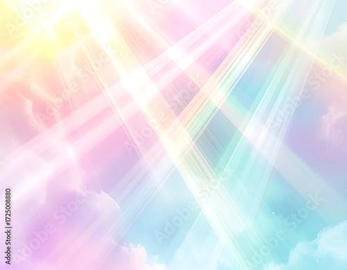 Soft Pastel Cloudscape Illuminated by Luminous Sun Rays and Gradient Hues