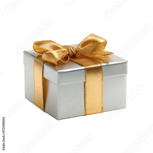 Elegant silver gift box adorned with a luxurious golden ribbon and bow, perfect for expressing appreciation and celebrating special moments with sophisticated charm.