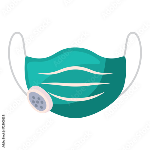 Teal medical mask with white ear loops and valve