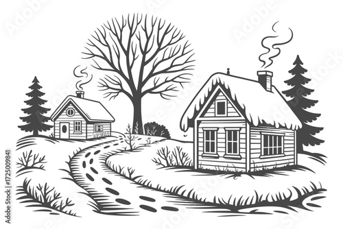 Winter Landscape with Snow-Covered House, Trees and Mountains, Peaceful Scenery in Cold Weather, Cozy Cabin in Snowy Forest, Seasonal Nature Vector Illustration