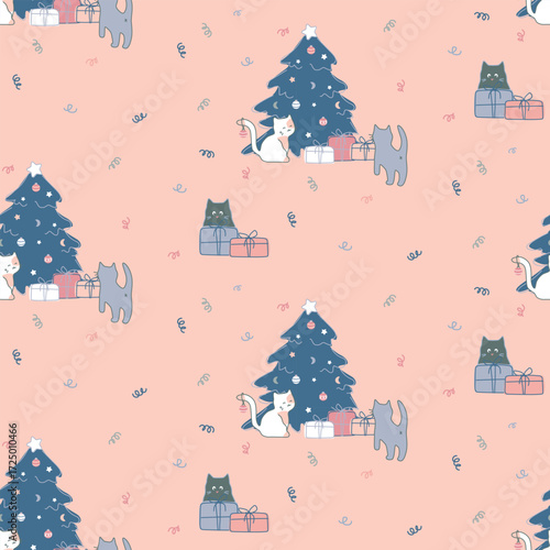 Pastel Pink Seamless Christmas Cats Pattern with Snowy Tree and Festive Gifts