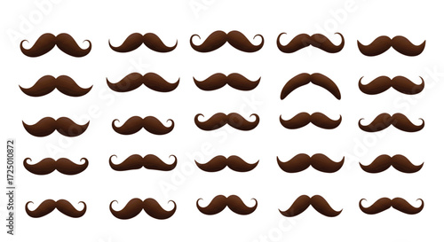 Collection of brown mustaches arranged in a grid pattern on a white surface, creating a playful and whimsical composition.