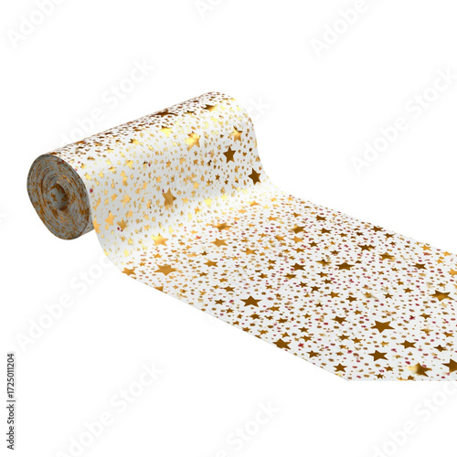Sparkling gold star confetti unrolls across a white surface, perfect for celebratory events, festive decorations, and creating a magical atmosphere for parties and holidays.