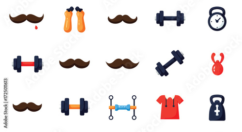 Collection of fitness and grooming elements arranged on white surface representing healthy lifestyle and selfcare routine with playful and modern vibe.