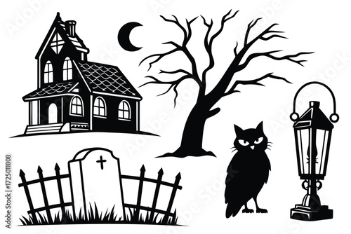 Spooky Halloween night vector illustration of a cartoon house and tree silhouettes in a village street design