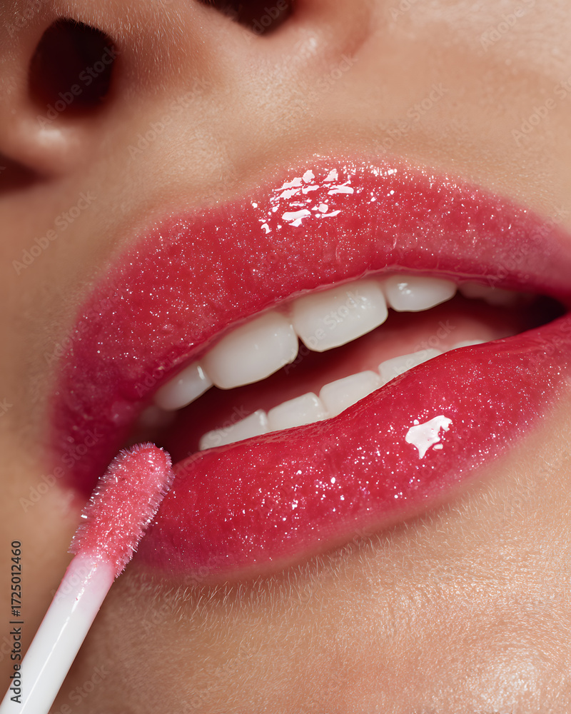 Naklejka premium Glossy Lip Application with Soft Pink Shine on Smooth Lips
