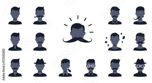 Collection of diverse male avatars displaying various hairstyles and facial hair options, representing individuality and style in a modern context.