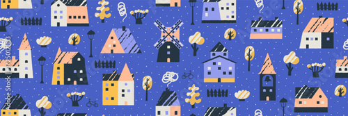 Seamless pattern with tiny cute houses and small homes for a Scandinavian fairy tale winter night in Sweden with snow.