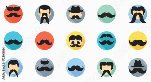 Collection of cartoon mustaches displayed in colorful circles representing different styles and eras in a playful and whimsical manner.