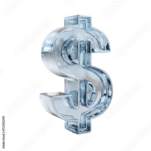 Translucent, three-dimensional dollar sign rendered in icy, blue-grey glass
