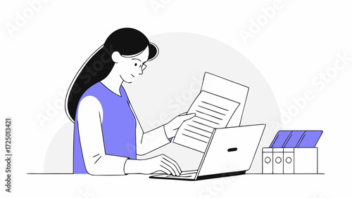 computer pc document working woman laptop holding copy hispanic office businesswoman invoice financial specialist tax paperwork manager business at focused with banner in online doing repor 93038154 1