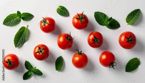 Vibrant Cherry Tomatoes and Fresh Mint Leaves on White Background.