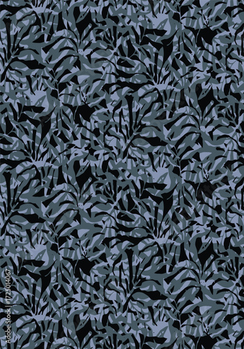 Abstract solid vector textile design, arrangement with block sketch of leaves pattern, full all-over seamless pattern with gray and black tone color illustration, digital image printing factory
