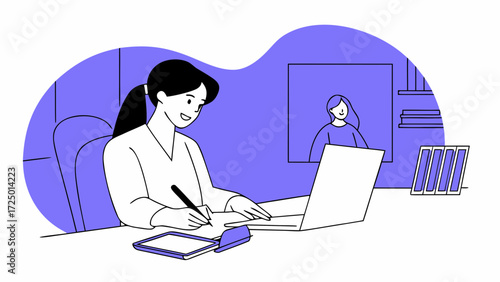 young computer or working online latina office laptop pc educational at desk writing woman watching at notes device using student looking indian female webinar screen studying in modern bus 25068761 1