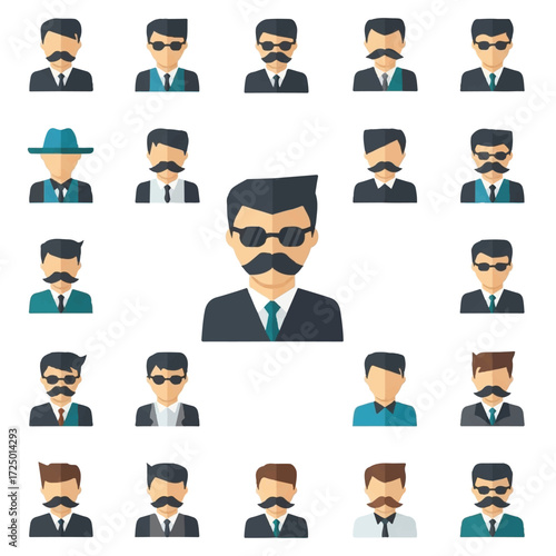 Collection of diverse men with mustaches and sunglasses in various styles against a white backdrop, showcasing retro and vintage themes.