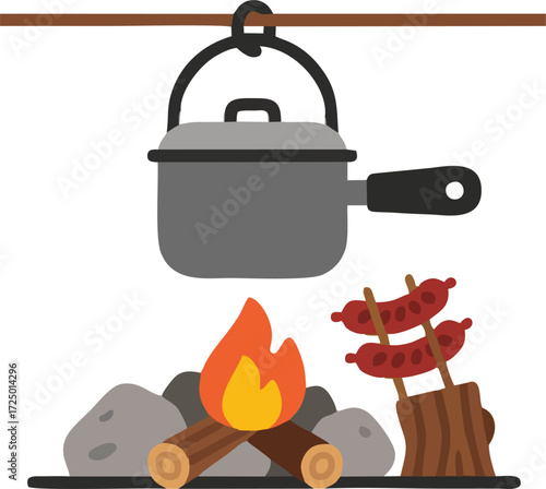 Minimalist Campfire Cooking Pot Vector – Flat Cartoon Sausages on Skewers and Fire Illustration
