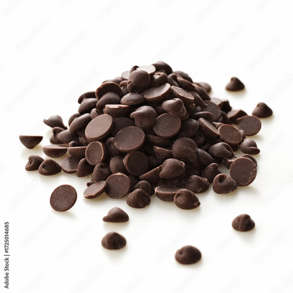 Naklejka premium Dark chocolate chips piled on a white surface perfect for baking and desserts