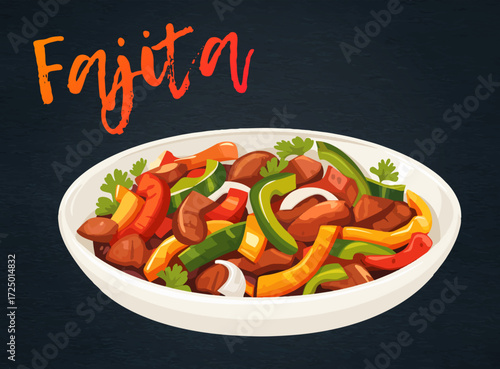Fajita Icon Vector Illustration Isolated on Black Chalkboard. Thin strips of meat and colorful bell peppers on a plate, popular Mexican dish. The flat design style makes this icon a versatile choice
