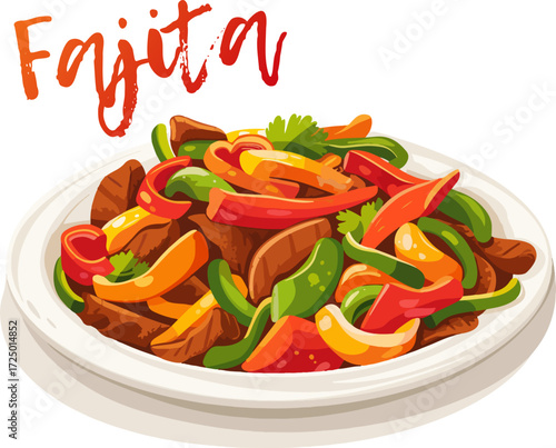 Fajita Icon Vector Illustration Isolated on White Background. Thin strips of meat and colorful bell peppers on a plate, popular Mexican dish. The flat design style makes this icon a versatile choice