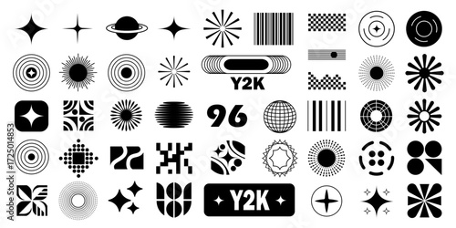 Abstract Y2K shapes and retro symbols set, futuristic vector elements with stars, circles, gradients, grids, digital patterns, 90s and 2000s style design graphics for web, print, and fashion