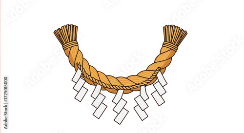 Traditional Japanese Shimenawa rope illustration with white shide paper strips, symbolizing sacred purification and spiritual boundaries in cultural traditions and religious ceremonies