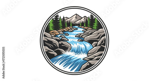 Serene mountain river flowing through a vibrant forest landscape, capturing the essence of wilderness and outdoor adventure within a distinctive circular illustration