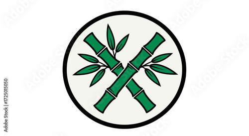 Elegant Japanese Bamboo Emblem Design with Crossed Green Stalks and Leaves in a Circular Nature-Inspired Graphic for Zen Aesthetics and Natural Symbolism