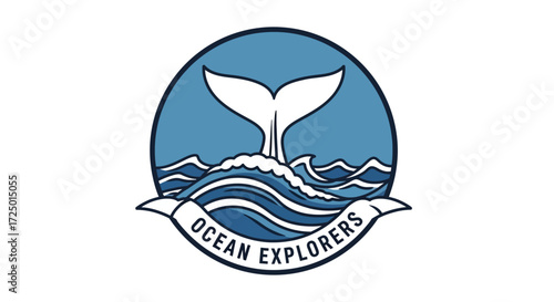 Striking blue and white graphic logo featuring a majestic whale's tail emerging from stylized ocean waves, symbolizing marine exploration, adventure, and aquatic conservation